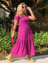 Vestido Midi Camadas Manga Curta Cinturado Plus Size Vestido Midi Camadas Manga Curta Cinturado Plus Size
