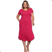 Vestido Midi Camisão Saruel Básico Dois Bolsos Fenda Lateral Plus Size Viscolycra
