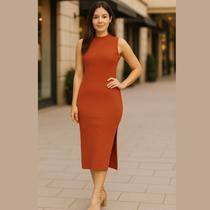 Vestido Midi Canelado Com Gola Alta e Fenda - Cativa