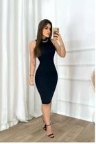 Vestido Midi Canelado com Gola Preto Vestido Midi Canelado com Gola Preto