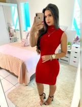 Vestido Midi Canelado com Gola Vermelho - Mira Luxo Modas