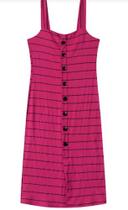 Vestido Midi Canelado de Viscose Feminino de Alças com Botões e Mini Abertura Frontal - Malwee