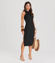 Vestido Midi Canelado Dianna Preto Vestido Midi Canelado Dianna Preto