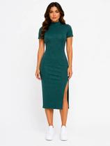 Vestido Midi Canelado Gola Alta Com Fenda Treluna Vestido Midi Canelado Gola Alta Com Fenda Treluna