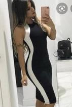 Vestido midi canelado listra na lateral