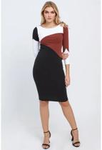 vestido midi canelado preto marrom e branco manga longa (502ve006224)- G