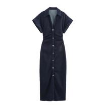Vestido Midi Casual De Jeans Para Mulheres, Primavera Verão, Com Mangas Curtas E Detalhes Franzidos,