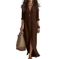 Vestido midi casual marrom feminino com manga 3/4 e modelagem solta Vestido midi casual marrom feminino com manga 3/4 e modelagem solta