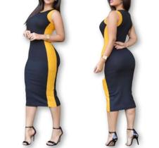 Vestido midi cavado canelado faixa amarela na lateral feminino moda