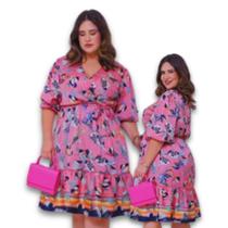 Vestido Midi Cetin Babado e Barra Estampado Elástico na Cintura Plus Size