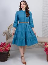 Vestido Midi Chemise com Manga Comprida de Festa Convidada Social