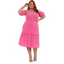 Vestido Midi Chino Alça Lastex Forrado Manga Curta Plus Size