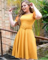 Vestido Midi Cinto Moda Evangélica Femininas Social Promoção Barato Oferta Desenho do tecido:Liso/AmareloTamanho:G