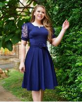 Vestido Midi Cinto Moda Evangélica Femininas Social Promoção Barato Oferta Desenho do tecido:Liso/Azul-marinhoTamanho:G