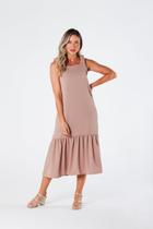 Vestido Midi com Alça Larga e Barra com Babado Bege Lúcia Vestido Midi com Alça Larga e Barra com Babado Bege Lúcia