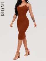 Vestido Midi com Alcinhas Tecido Anarruga Vestido Tubinho Colado P ao GG - Café - G