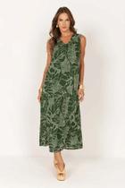 Vestido Mídi com Bolsos em Viscose Plana Estampa Folhagens Verde Mirasul - Elegância e Conforto Vestido Mídi com Bolsos em Viscose Plana Estampa Folhagens Verde Mirasul - Elegância e Conforto