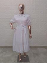 Vestido midi com botões frontais, manga e faixa para amarrar na contura cod:2065