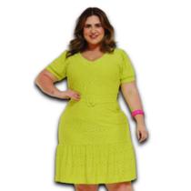 Vestido Midi com Detalhe Laise Forrado e c/Cinto e Babados Plus Size