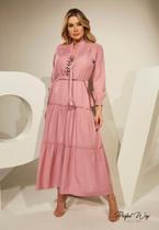 Vestido midi com detalhes rosa perfect way de manga longa -tamanho g Vestido midi com detalhes rosa perfect way de manga longa -tamanho g