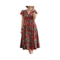 Vestido Midi Com Estampa Floral Para Mulheres, Elegante E Casual, Decote Em V, Rendas, Manga Curta, Vestido Midi Com Estampa Floral Para Mulheres, Elegante E Casual, Decote Em V, Rendas, Manga Curta,