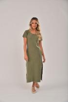 Vestido midi com fenda estonado oliva Vestido midi com fenda estonado oliva
