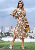 Vestido Midi com Manga Comprida e Chiffon