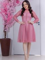 Vestido Midi com Manga Longa Tule Poa com Botões