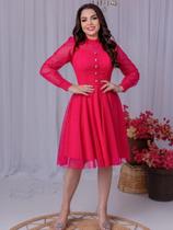 Vestido Midi com Manga Longa Tule Poa com Botões