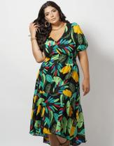 Vestido midi crepe estampa folhas verde Vestido midi crepe estampa folhas verde