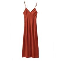 Vestido Midi De Cetim Camel Para Mulheres Com Alças Finas E Decote Em V Profundo, Elegante Para