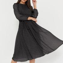 Vestido Midi De Chiffon Com Manga Longa Para Mulheres, Estampa De Poá, Decote Redondo, Cintura Alta, Vestido Midi De Chiffon Com Manga Longa Para Mulheres, Estampa De Poá, Decote Redondo, Cintura Alta,