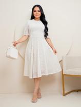 Vestido Midi de Festa Casamento Civil Noiva Formatura Godê Evangélico Gola Alta Cor:BegeTamanho:G