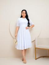 Vestido Midi de Festa Casamento Civil Noiva Formatura Godê Evangélico Gola Alta Cor:BrancoTamanho:M