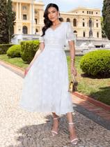 Vestido Midi de Festa Decote V Manga Princesa com Botão Elegante Soltinho Cor:BrancoTamanho:G