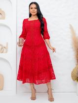 Vestido Midi de Festa Elegante com Manga Decote Quadrado Madrinha Casamento Cor:VermelhoTamanho:GG Vestido Midi de Festa Elegante com Manga Decote Quadrado Madrinha Casamento Cor:VermelhoTamanho:GG