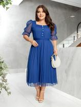 Vestido Midi de Festa Tule Poa Manga Princesa Bufante Modesto Casamento Civil Madrinha Cor:AzulTamanho:GG