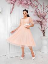 Vestido Midi de Festa Tule Poa Manga Princesa Bufante Modesto Casamento Civil Madrinha Cor:Rosa bebêTamanho:G2