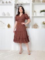 Vestido Midi De Lese Feminino 100% Algodão Decote V Manga Curta Bufante