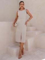 Vestido Midi de Linho com Alças Largas e Fenda Sofisticada Vestido Midi de Linho com Alças Largas e Fenda Sofisticada