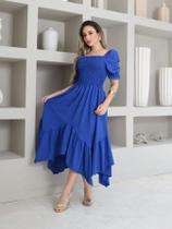 Vestido midi de ponta liso crepinho lastex Manga Curto