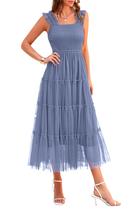 Vestido Midi de Tule PRETTYGARDEN Sem Mangas com Franzido Azul M Vestido Midi de Tule PRETTYGARDEN Sem Mangas com Franzido Azul M