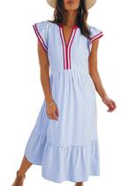 Vestido Midi de Verão Dokotoo com Decote em V, Mangas com Babados e Bolsos Vestido Midi de Verão Dokotoo com Decote em V, Mangas com Babados e Bolsos