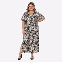 Vestido Midi Decote V Malha Leve Estampada Plus Size Verão