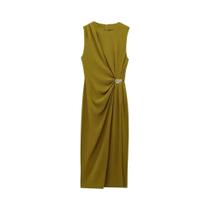 Vestido Midi Drapeado Com Apliques Dourados Para Mulheres, Sem Mangas, Decote Redondo, Moda Feminina Vestido Midi Drapeado Com Apliques Dourados Para Mulheres, Sem Mangas, Decote Redondo, Moda Feminina