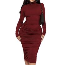 Vestido midi Ekaliy Ruched Bodycon de manga comprida vermelho bordô