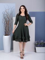 Vestido Midi Elegante com Babado Manga 3/4 de Festa Lese Maravilhoso