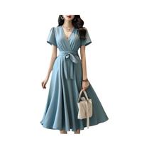 Vestido Midi Elegante Com Decote Em V ZANZEA Feminino Verão Sólido OL Festa De Trabalho Robe Manga