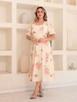 Vestido midi elegante crepinho estampado manga curto