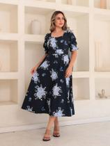 Vestido midi elegante crepinho estampado manga curto